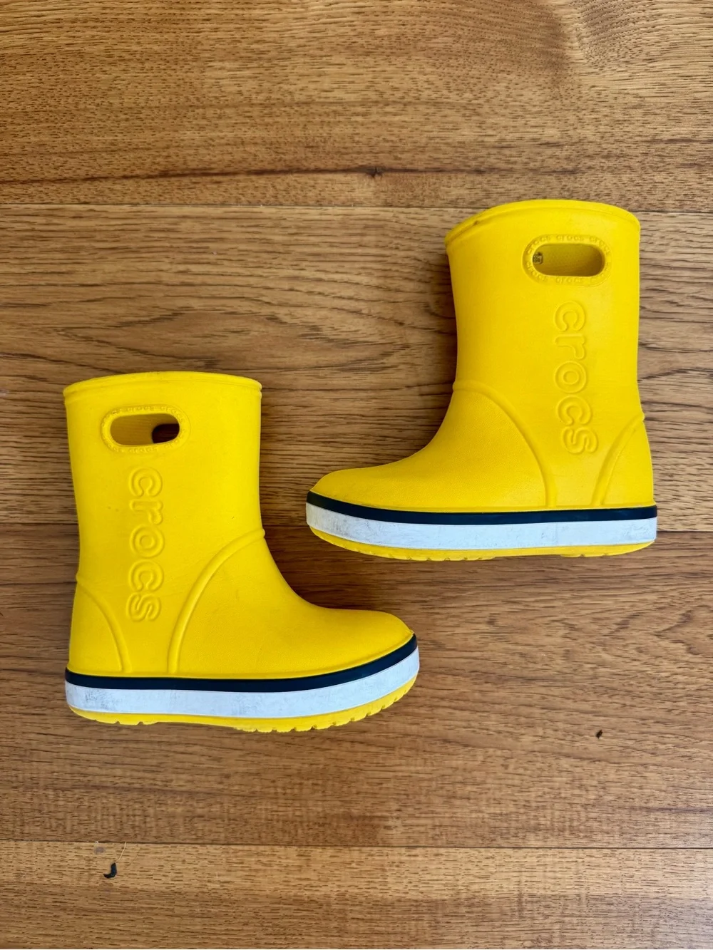 CROCS Kids' Bright Yellow Waterproof Rain Boots with Dark Blue & White Trim